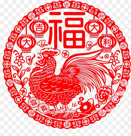 红色中国2017鸡年剪纸样式