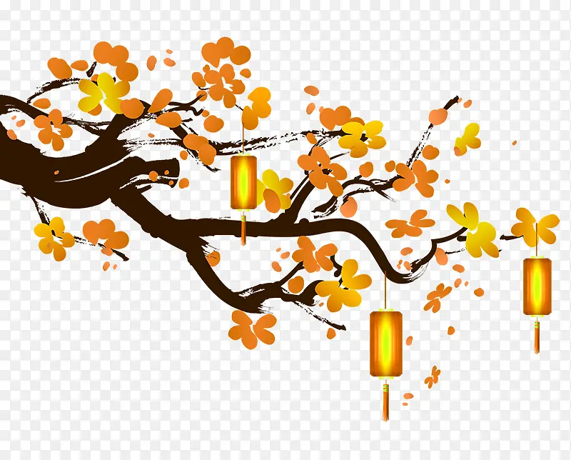 黄色中国风树枝灯笼装饰图案