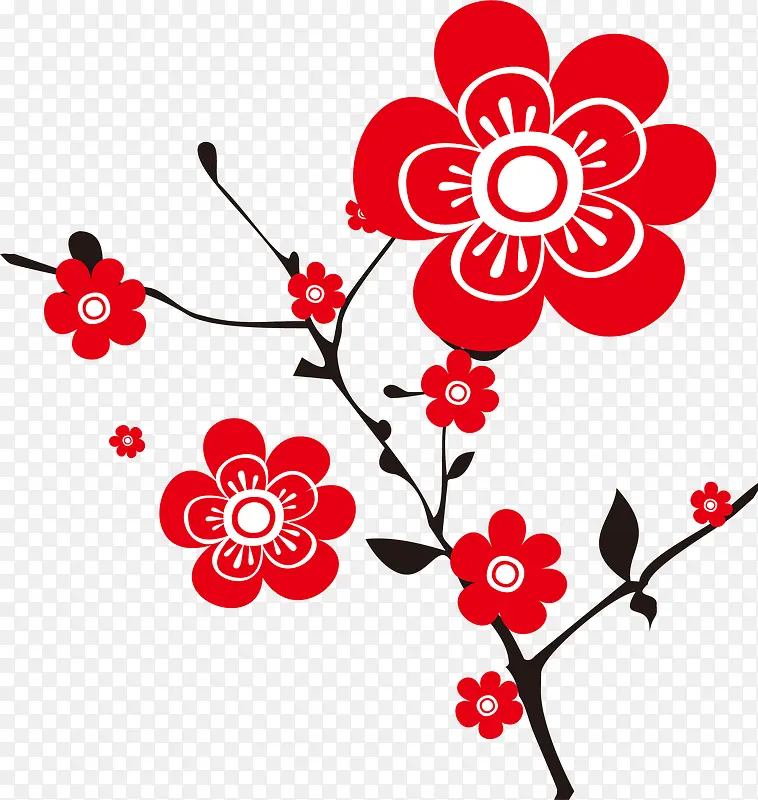 手绘树枝红色梅花图案