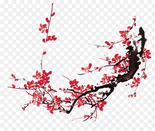 红色中式梅花美景水墨