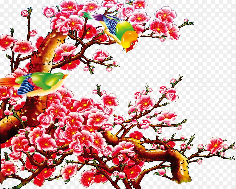 中式手绘小鸟梅花树枝