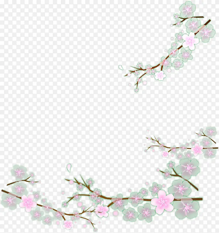 手绘春季粉绿色梅花树枝装饰