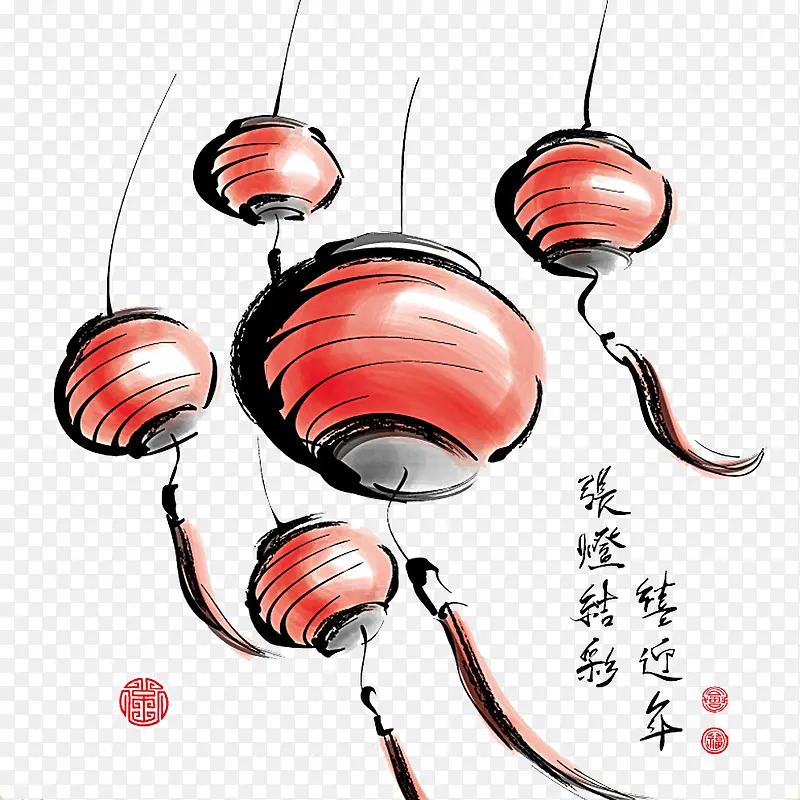 春节水墨红灯笼