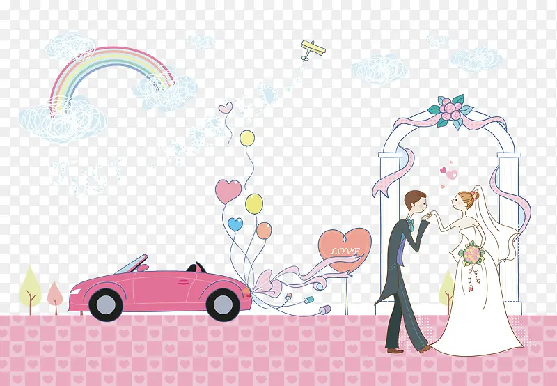 卡通婚礼婚车粉色夫妻素材