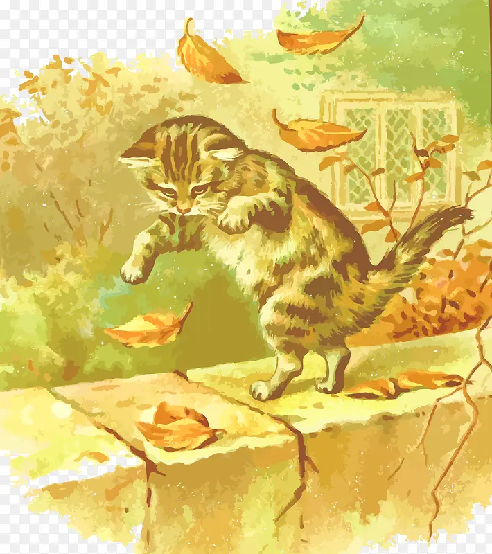 矢量玩树叶的猫咪