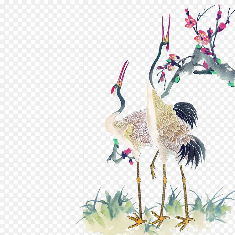 水墨画丹顶鹤梅花花枝