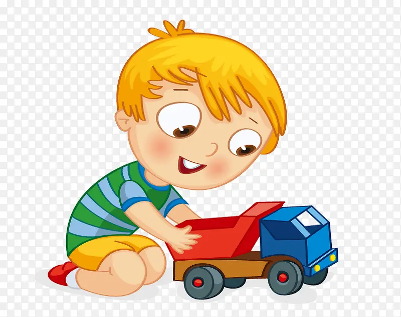 卡通小男孩在玩玩具车