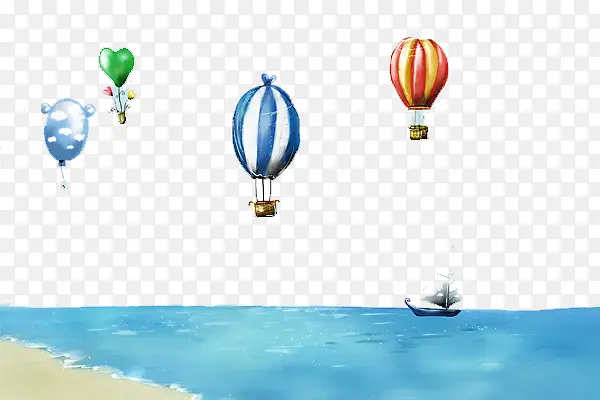 手绘海面上的热气球