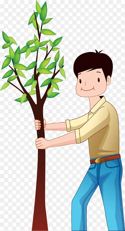 卡通青年握着小树矢量图