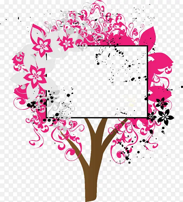 卡通花朵粉色树白色文字框背景