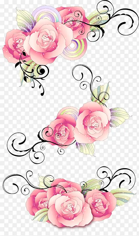水彩粉色玫瑰花装饰矢量图