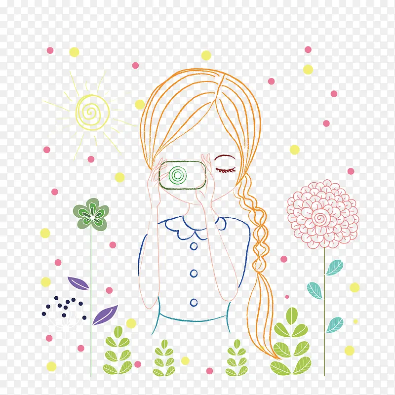 矢量手绘女孩和花