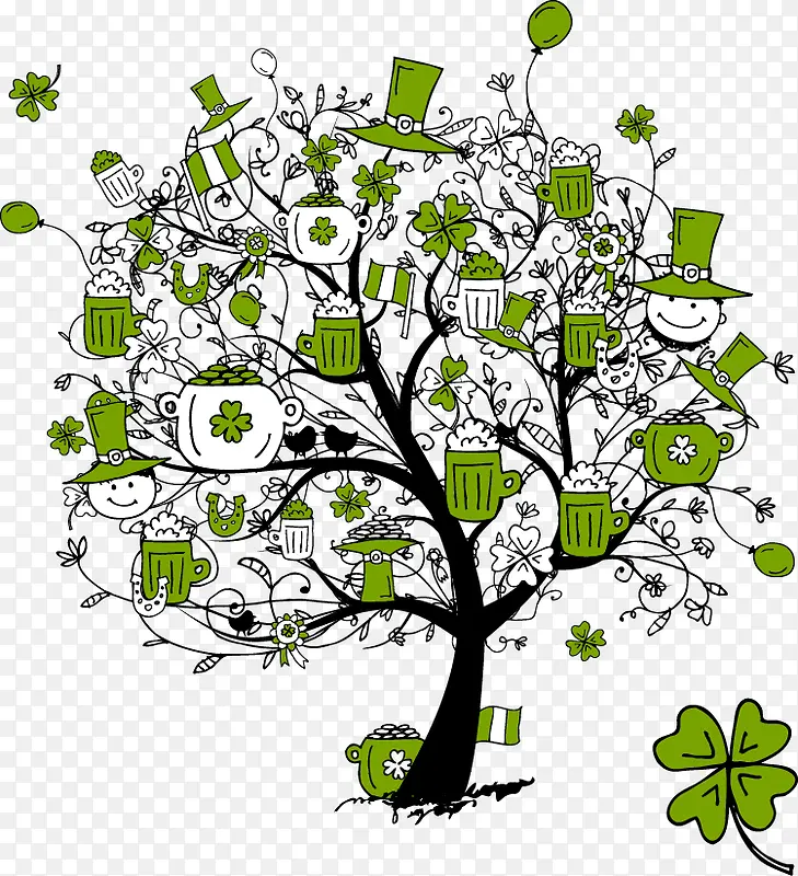 卡通绿色啤酒帽子大树背景