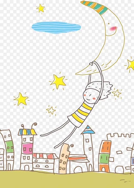 合成创意卡通风格抓着月亮的小男孩