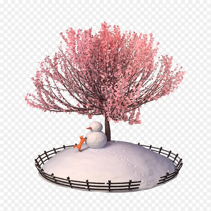冬天雪地雪人植物树木