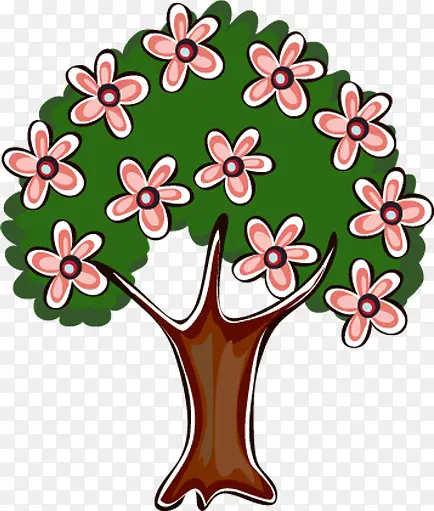 手绘粉色花朵大树美景