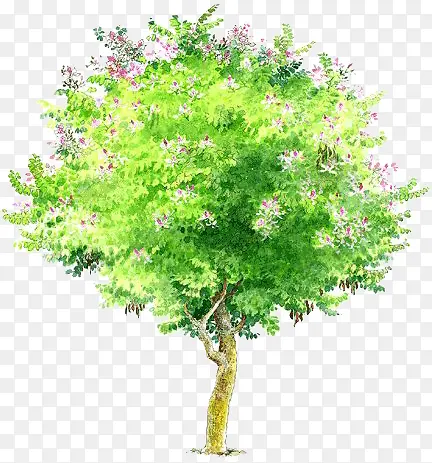 手绘漫画夏季绿色大树花朵