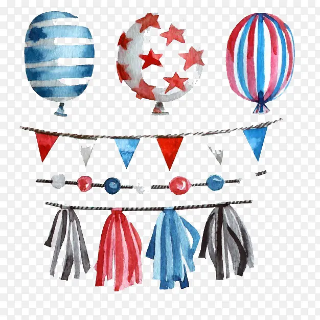 水彩画的气球和彩旗