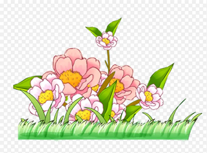 粉色卡通花朵小草装饰图案