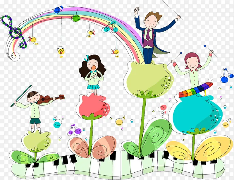 琴键卡通人物花朵彩虹