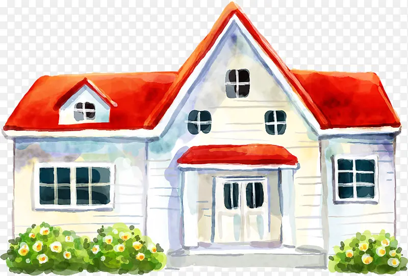 红色房屋手绘建筑风景