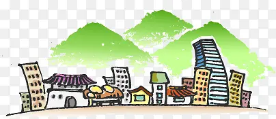 卡通人物房屋建筑彩色墨迹背景