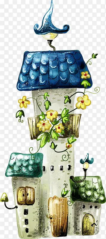 蓝色卡通插画房屋手绘
