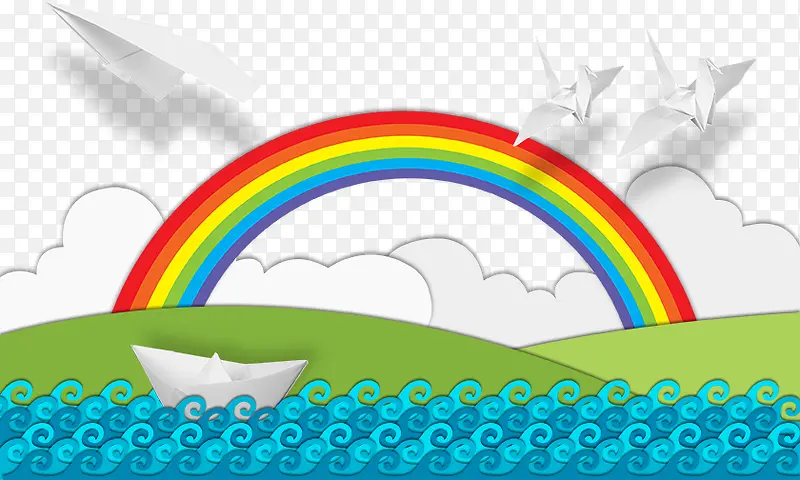 卡通彩虹与纸船