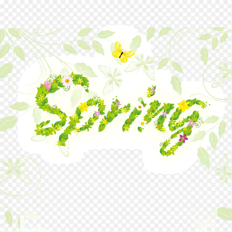 春天 spring 花朵字体 绿色
