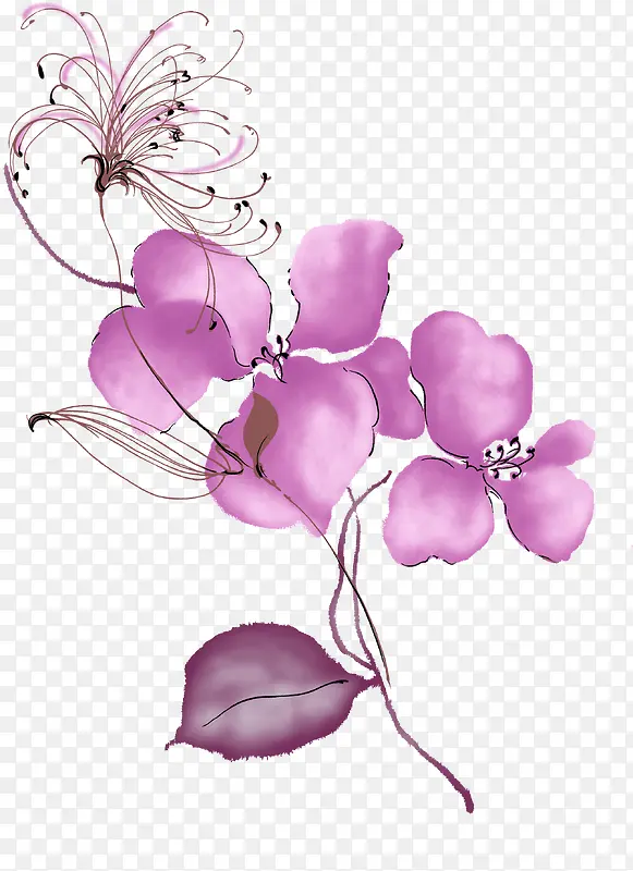 紫色水墨手绘鲜花装饰
