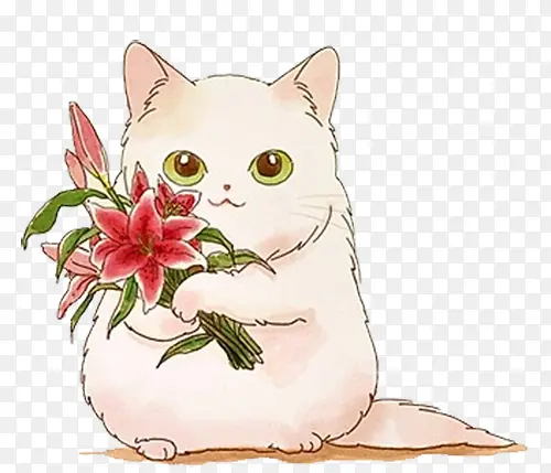 卡通线条小猫咪手捧鲜花