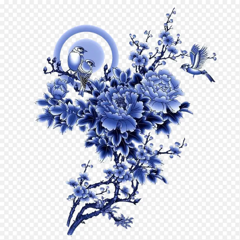 蓝色古风盛开牡丹梅花