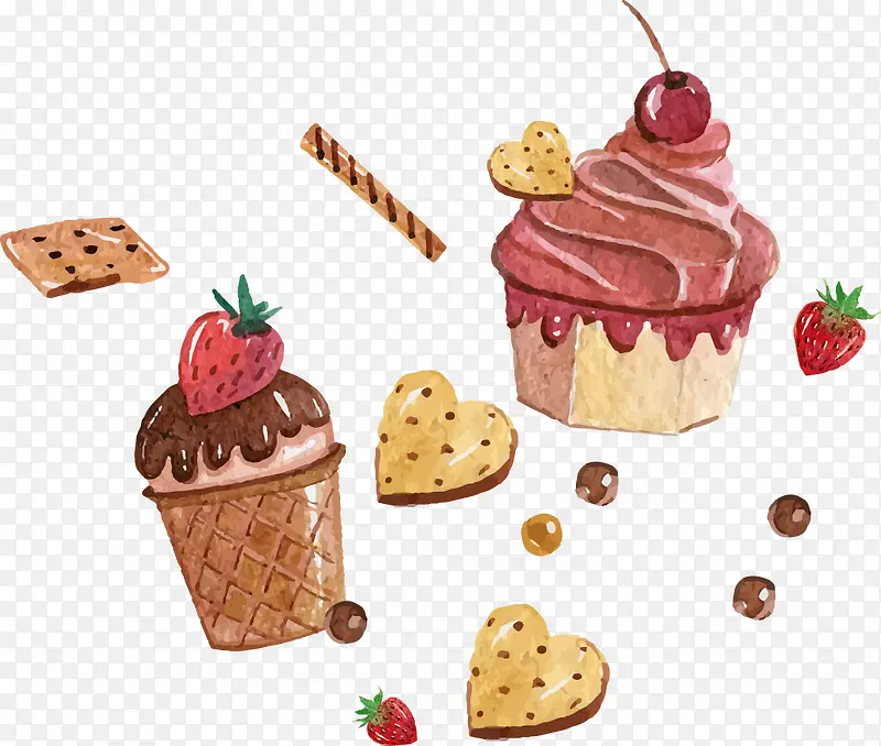 矢量手绘甜品蛋糕和饼干