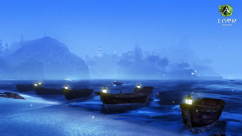 蓝色宁静夜晚海边渔船微光