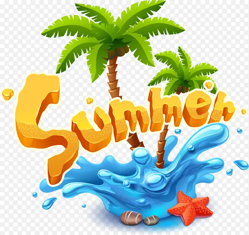 手绘夏天沙滩树字体