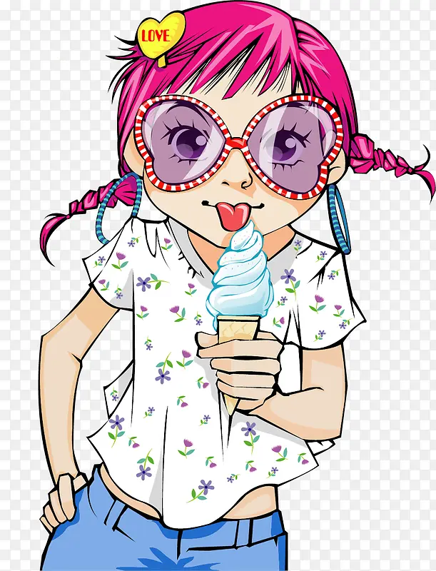 矢量手绘吃冰淇淋的女孩