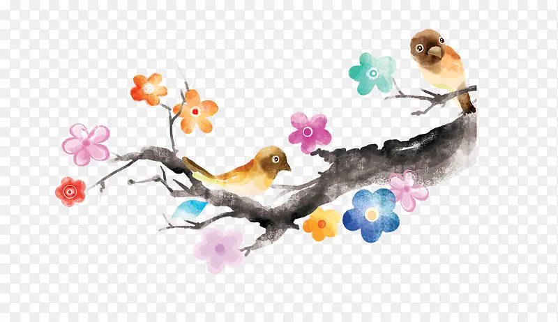 手绘中国风彩色花朵水墨