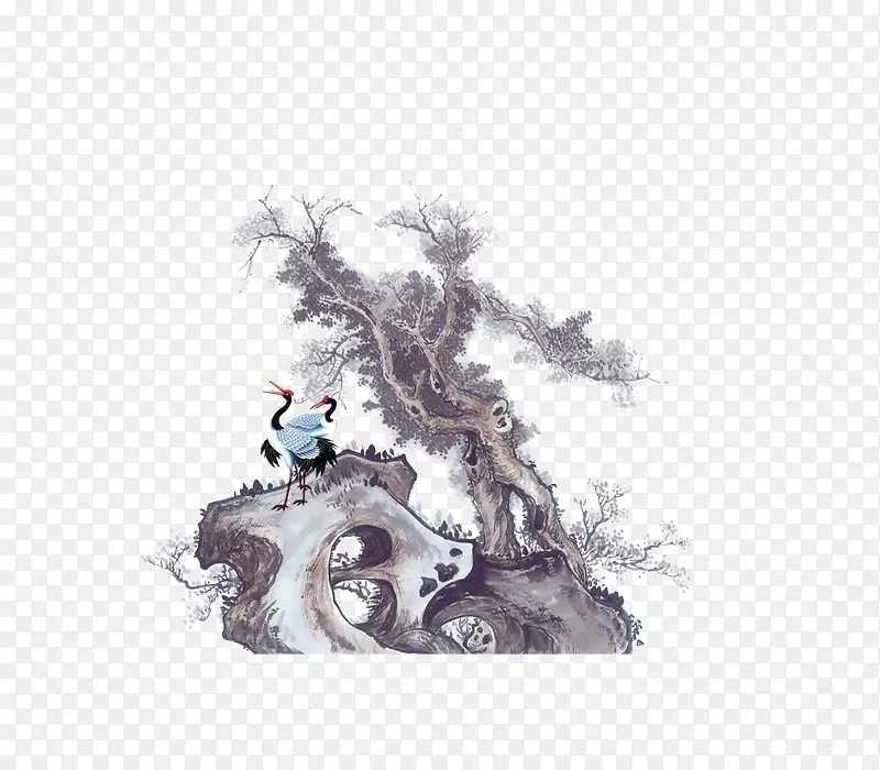 水墨仙鹤松石