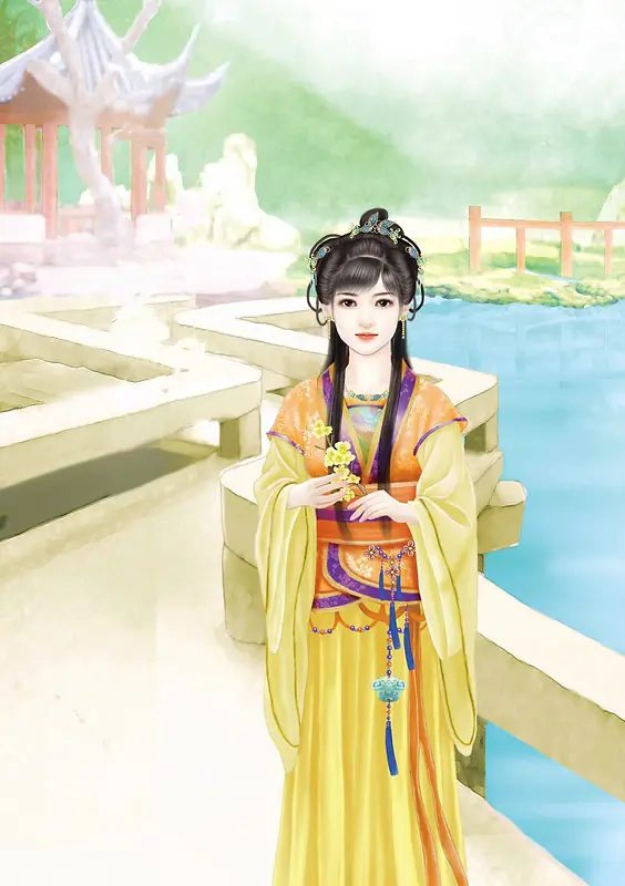 手绘黄衣湖边少女