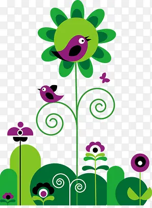 绿色可爱花朵手绘小鸟