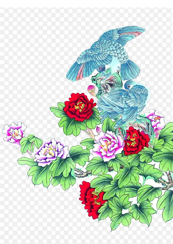 中秋节手绘花朵小鸟