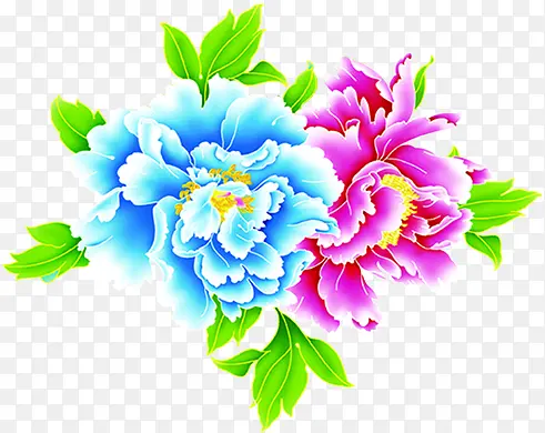 手绘粉蓝色花朵绿叶