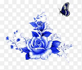 蓝色牡丹花蝴蝶图片