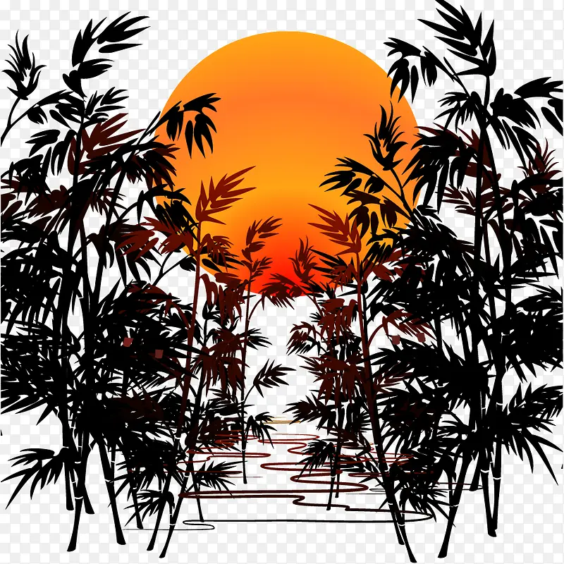 矢量手绘夕阳