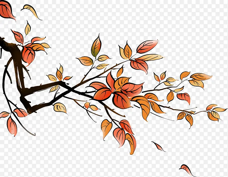 手绘黄色秋季树叶树枝装饰