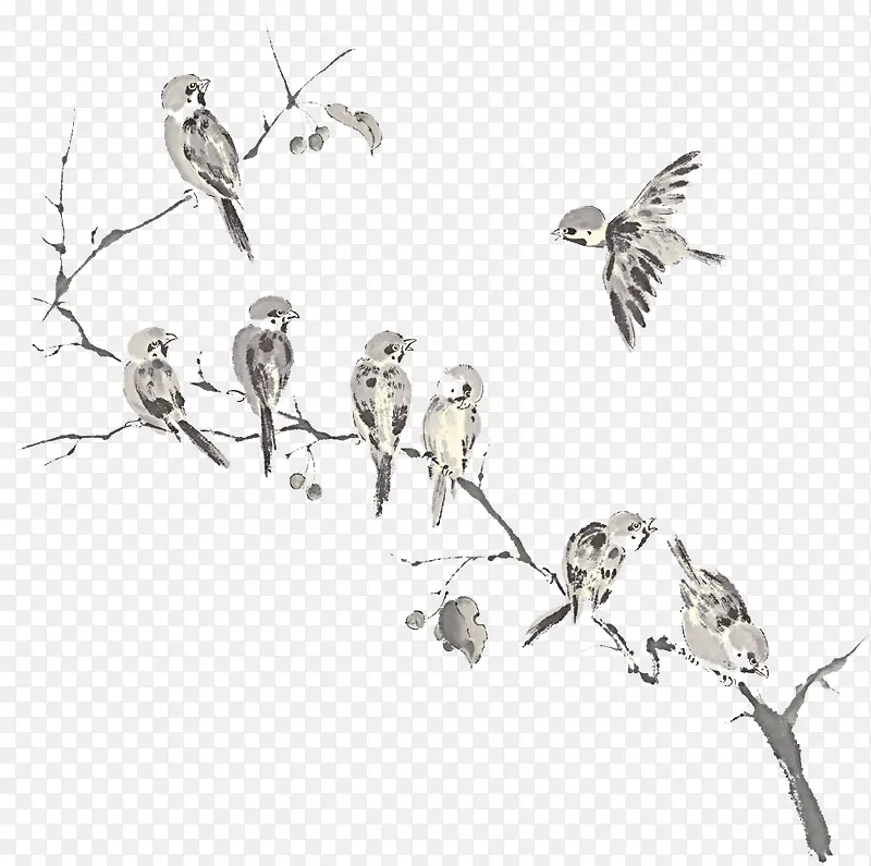水墨树枝上的群鸟背景