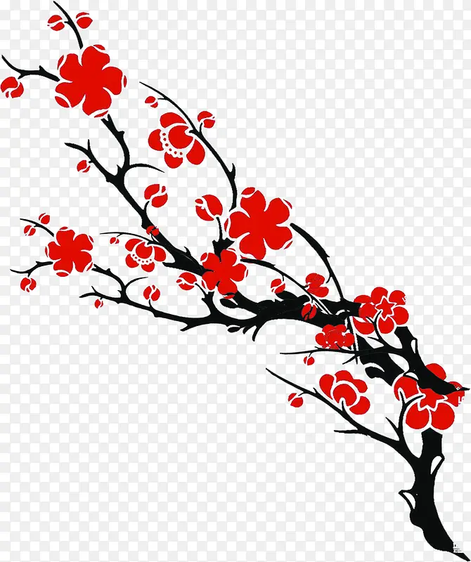 手绘红色梅花树枝装饰海报
