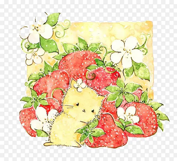 手绘小猫咪与草莓