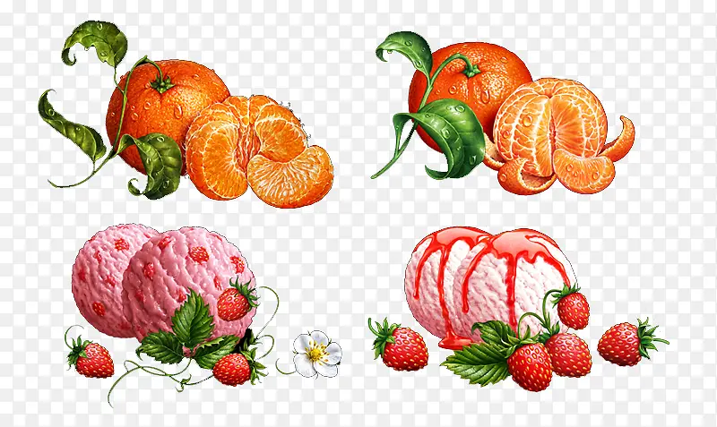手绘橘子和草莓冰激凌球