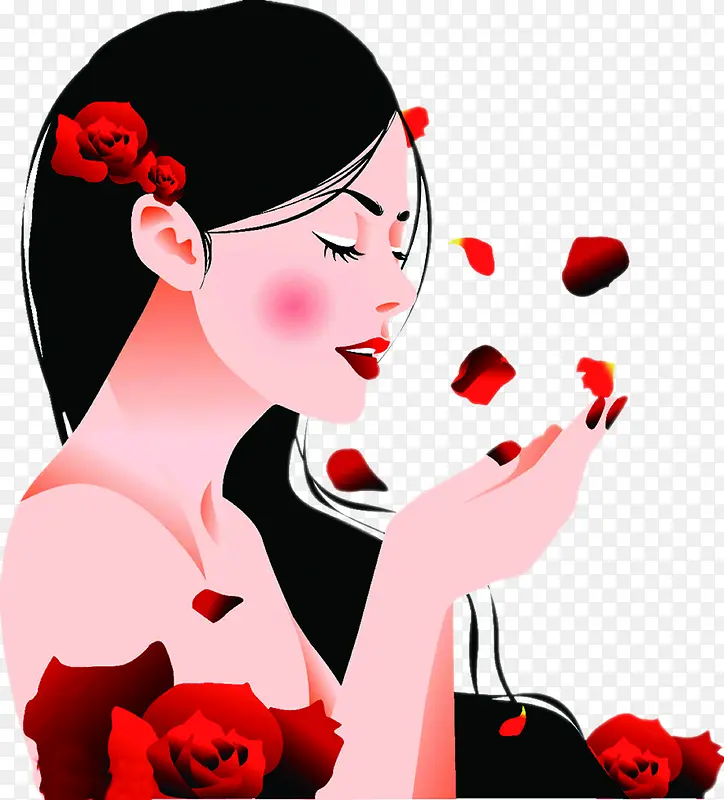 红色花瓣女性手绘